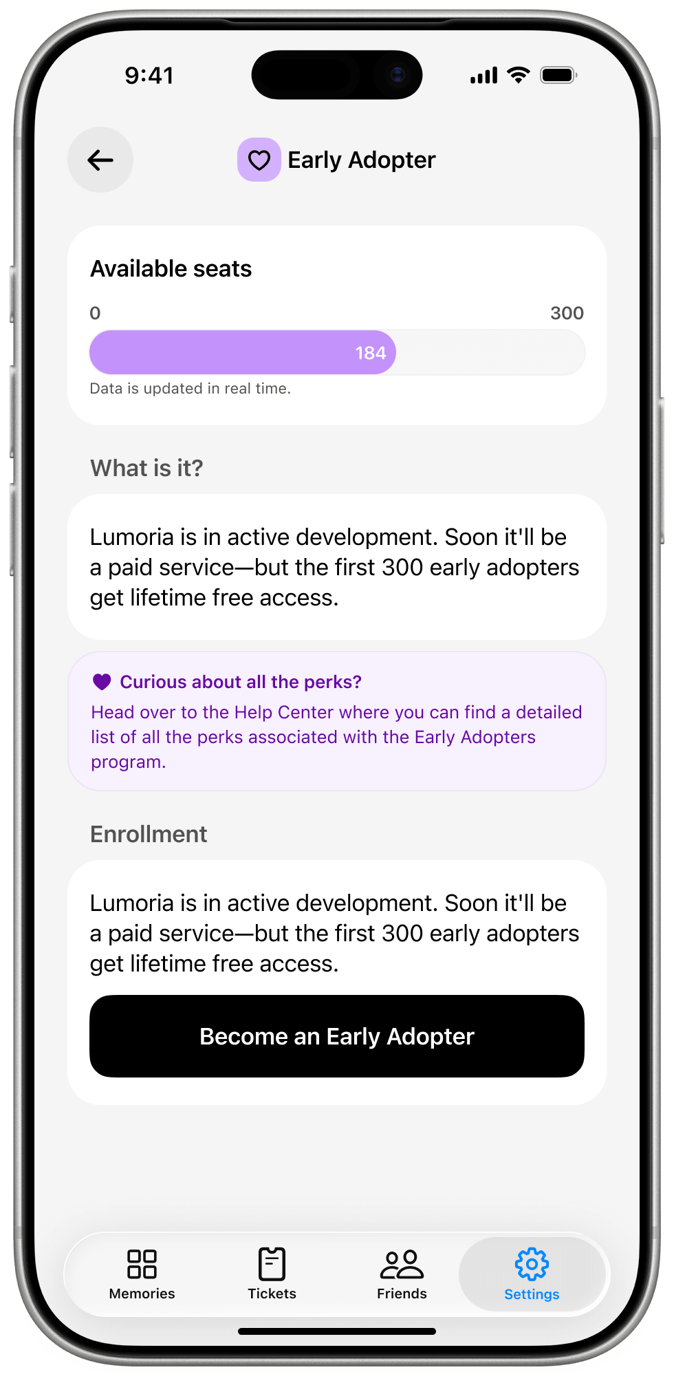 The Early Adopter screen on iPhone, with the live seat counter
