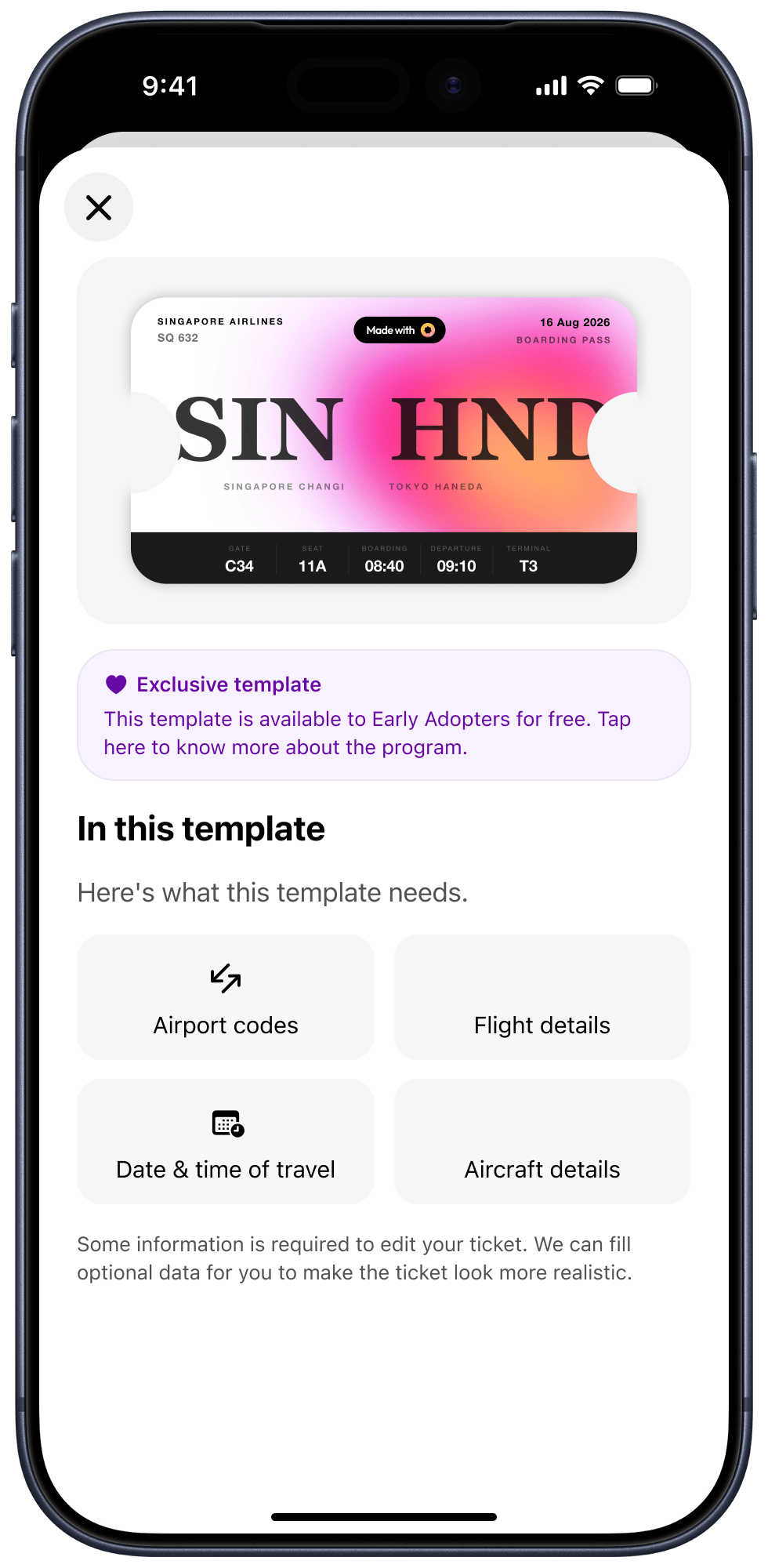 A premium ticket template on iPhone, marked as made for Early Adopters